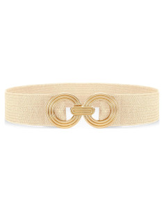 Cinturón Elástico de Paja Tejido para Mujeres - Hebilla Dorada