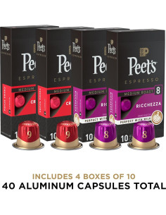 Cápsulas de Espresso Peet's - Variedad 40 Unidades, Compatible Nespresso 2