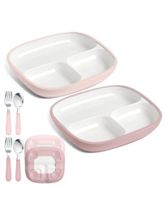 Set de 2 Platos de Porcelana Antideslizantes para Niños - Blanco/Rosa