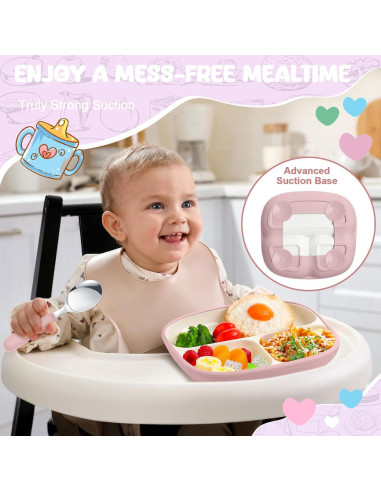 Set de 2 Platos de Porcelana Antideslizantes para Niños - Blanco/Rosa