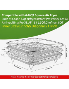 Rejilla Cuadrada Apilable de Acero Inoxidable 3pcs para Freidora de Aire 6-8 QT 2