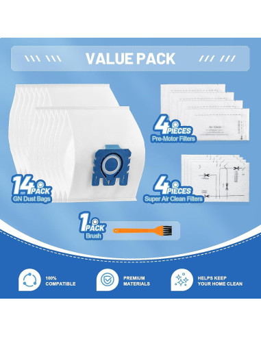 Paquete de 14 Bolsas de Polvo GN Miele con 4 Filtros AirClean