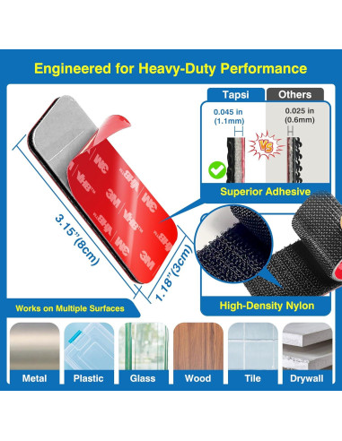 8 Tiras Adhesivas de Gancho y Bucle Tapsi 8x3 cm Resistencia Alta