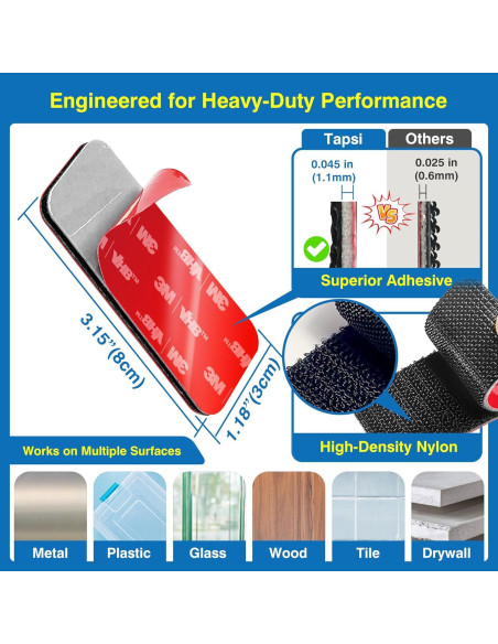8 Tiras Adhesivas de Gancho y Bucle Tapsi 8x3 cm Resistencia Alta