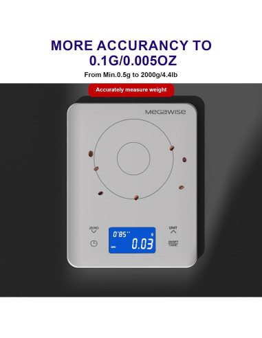 Báscula de Café MEGAWISE Alta Precisión 0.01g a 2kg con Temporizador
