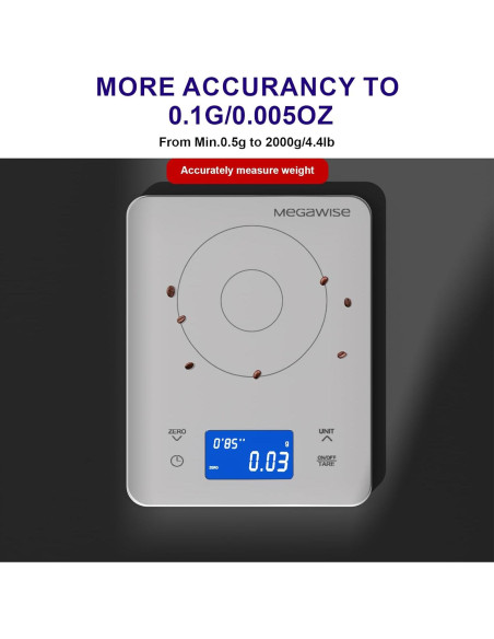 Báscula de Café MEGAWISE Alta Precisión 0.01g a 2kg con Temporizador