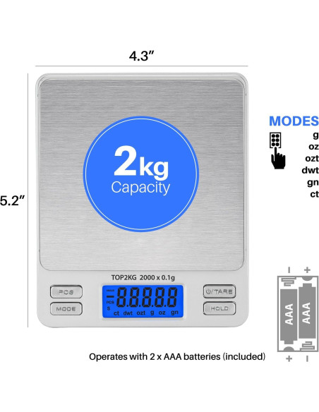 Báscula Digital de Bolsillo Smart Weigh 2000g x 0.1g LCD