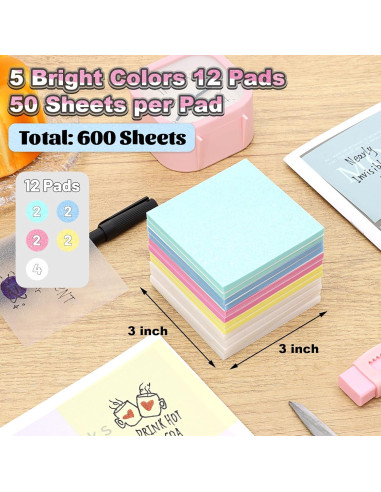 Notas Adhesivas Transparentes SYMDROMIA 3x3" Paquete 12 Colores