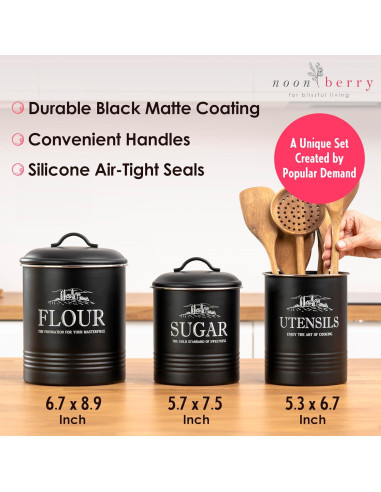 Set de 3 Latas Negras Herméticas para Cocina - noonberry
