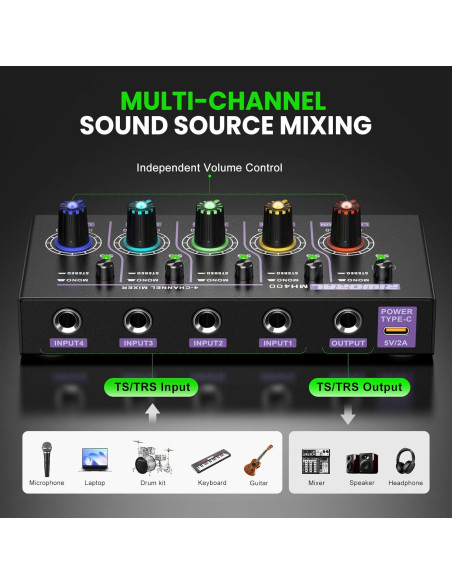 Mini Mezclador de Audio Estéreo 4 Canales USB MH400