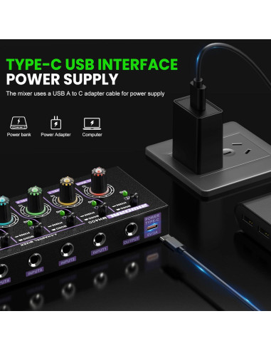 Mini Mezclador de Audio Estéreo 4 Canales USB MH400