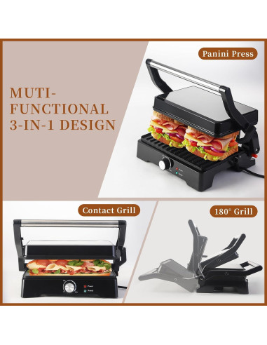 Prensa Panini Grill UVFAST JK-308M 3 en 1 Antiadherente Negro