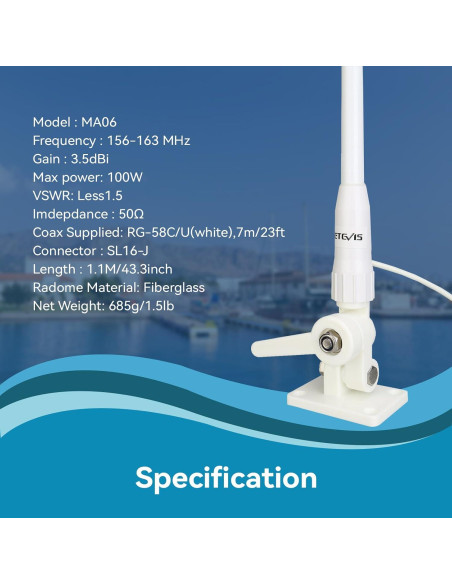 Antena Marina VHF Retevis MA06 3.5dBi 1.1m con Cable 7m