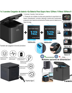 Kit Accesorios Gurmoir para GoPro Hero 12/11/10/9 - 2 Baterías, Cargador, Estuche Impermeable 2