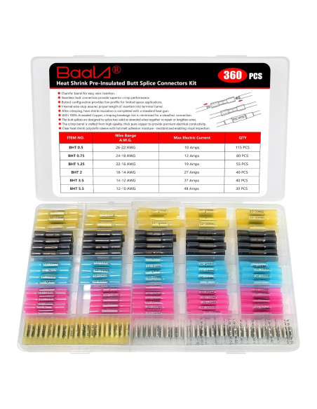 Kit de 360 Conectores de Empalme Termocontraíbles BAALA 26-10 AWG