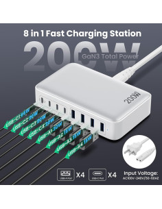 Cargador USB C 200W 8 Puertos GaN III Adaptador Rápido 2