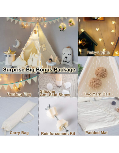 Tienda Tipi para Niños TreeBud Beige con Alfombra y Luces