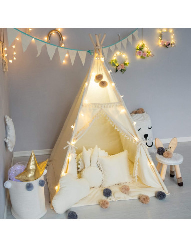 Tienda Tipi para Niños TreeBud Beige con Alfombra y Luces