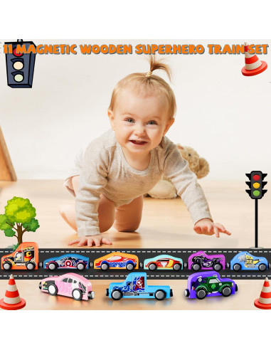 Set de 11 Coches de Tren Magnéticos de Madera Amiabling