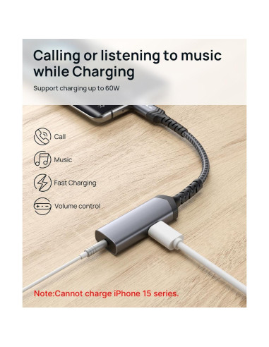 Adaptador JSAUX USB C a 3.5mm y Carga Rápida 60W - Negro
