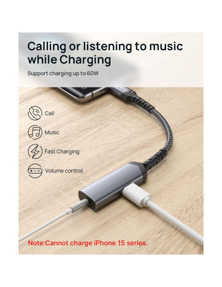 Adaptador JSAUX USB C a 3.5mm y Carga Rápida 60W - Negro