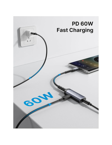 Adaptador JSAUX USB C a 3.5mm y Carga Rápida 60W - Negro