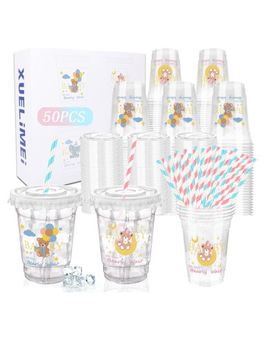 Vasos de Plástico Desechables Xuelimei 12 oz con Tapas - 50 Pzas