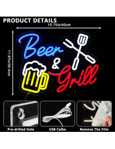 Letrero de Neón PMCVYH Cerveza y Parrilla LED 40x30 cm 2