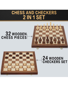 Juego de Ajedrez y Damas Magnético 2 en 1 de Madera 38x19 cm 2