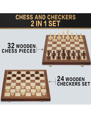 Juego de Ajedrez y Damas Magnético 2 en 1 de Madera 38x19 cm