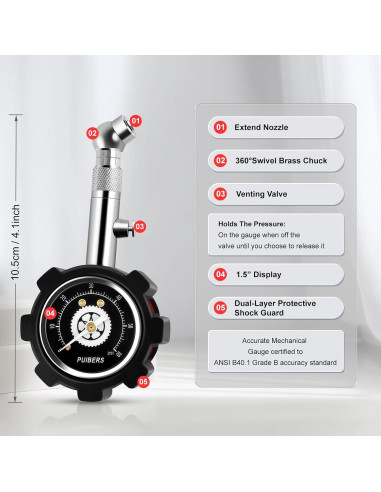 Manómetro de Neumáticos PUIBERS 60 PSI con Dial Brillante