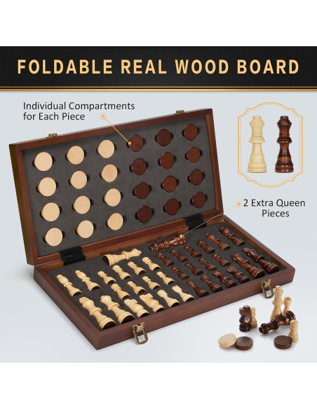 Juego de Ajedrez y Damas Magnético 2 en 1 de Madera 38x19 cm