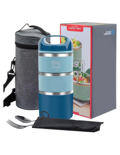 Caja de Almuerzo 3 Niveles Easy Togo Acero Inoxidable 1230ml Azul