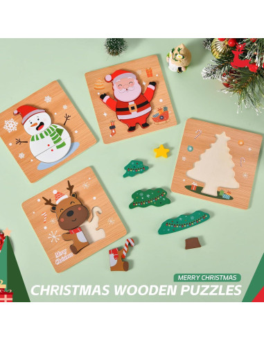 Paquete de 4 Rompecabezas de Madera Navidad YBSOP 14.7 cm