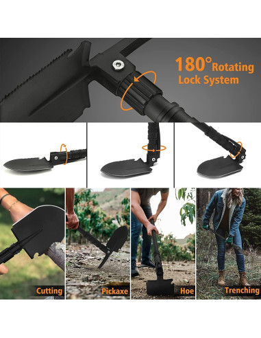 Pala de Camping Plegable FLYEGO 9 en 1, Acero Carbono, 63 cm