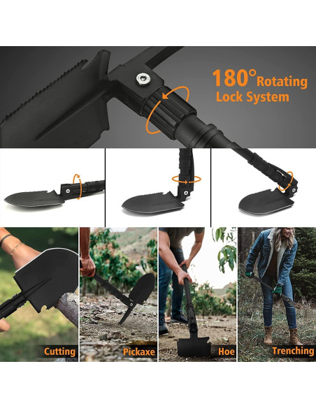 Pala de Camping Plegable FLYEGO 9 en 1, Acero Carbono, 63 cm