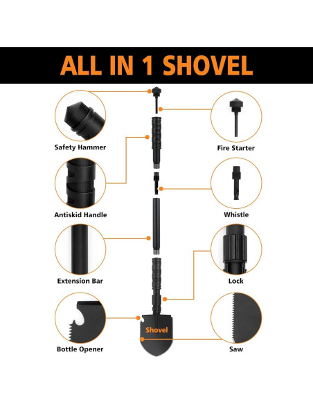 Pala de Camping Plegable FLYEGO 9 en 1, Acero Carbono, 63 cm