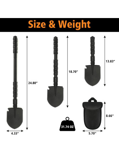 Pala de Camping Plegable FLYEGO 9 en 1, Acero Carbono, 63 cm