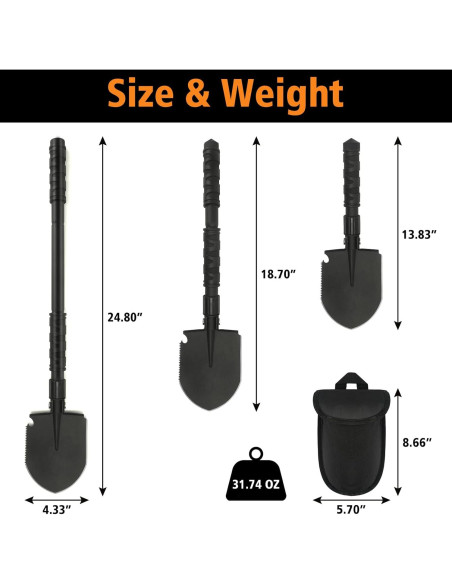 Pala de Camping Plegable FLYEGO 9 en 1, Acero Carbono, 63 cm