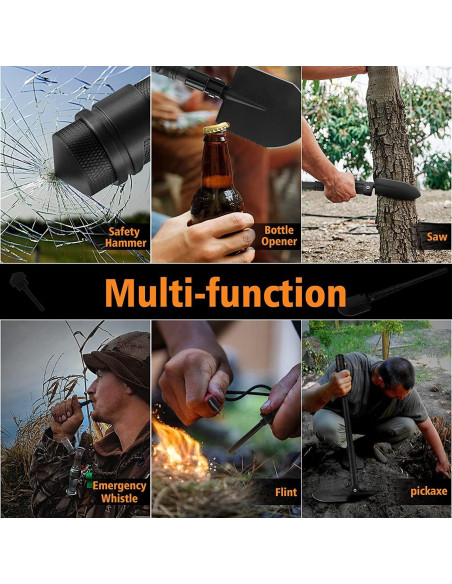 Pala de Camping Plegable FLYEGO 9 en 1, Acero Carbono, 63 cm