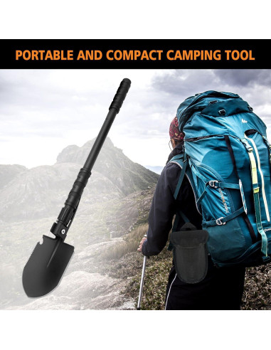 Pala de Camping Plegable FLYEGO 9 en 1, Acero Carbono, 63 cm
