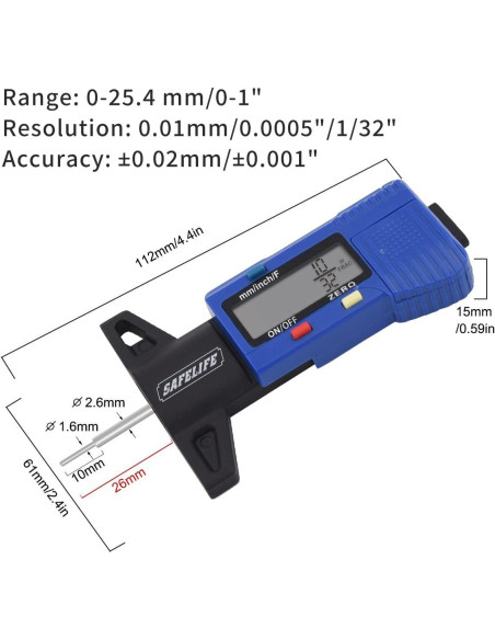Calibrador Digital de Profundidad de Neumático Safelife 0-25.4 mm