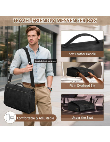 Bolsa de Mensajero de Cuero RAINSMORE para Laptop 15.6" Negra