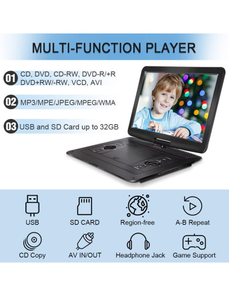 Reproductor de DVD Portátil HotHat 15.6" HD Batería 5000mAh