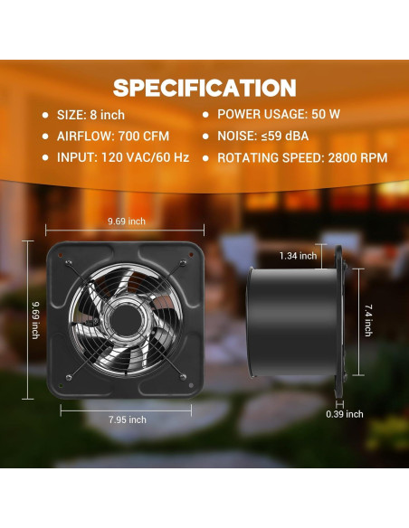 Ventilador Extractor de Cocina YOZON 8" 700 CFM 50W