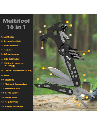 Multiherramienta Rush Deer 16 en 1, Martillo y Cuchillo Utilitario