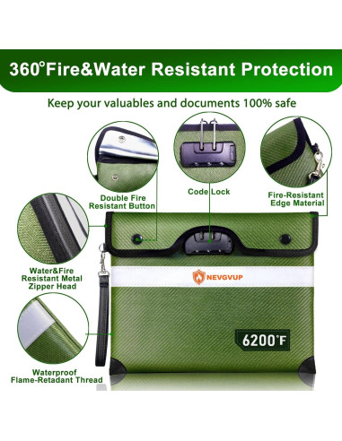 Bolsa de Documentos a Prueba de Fuego NEVGVUP 33x25cm Verde