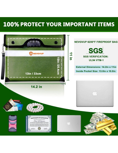 Bolsa de Documentos a Prueba de Fuego NEVGVUP 33x25cm Verde
