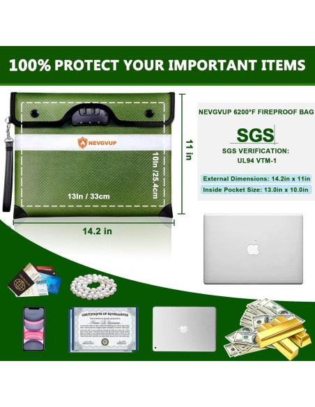 Bolsa de Documentos a Prueba de Fuego NEVGVUP 33x25cm Verde