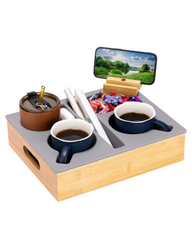 Bandeja Caddy para Sofá HouseJoy Gris con Soporte para Teléfono